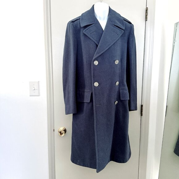 VINTAGE MILITARY COAT - ALL WOOL - NAVY BLUE - MILITARY BUTTONS - 35 L